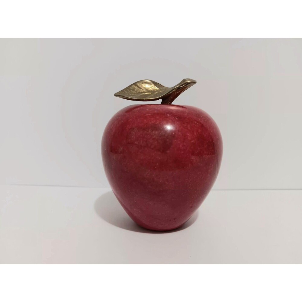 Vintage Red Alabaster Apple with Brass Leaf  Paperweight Home Decor 3.5"